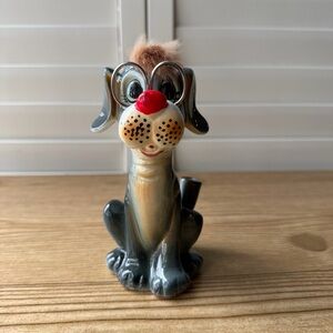 Vintage Ceramic Sewing Caddy Dog Figurine With Scissors & Tape Measure